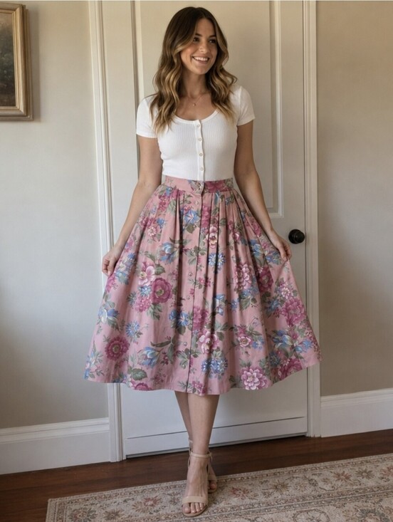 Ruff Hewn Dresses & Skirts - Vtg Ruff Hewn Floral Pleated Button Front Midi Skirt Pink Cotton Pockets USA 8